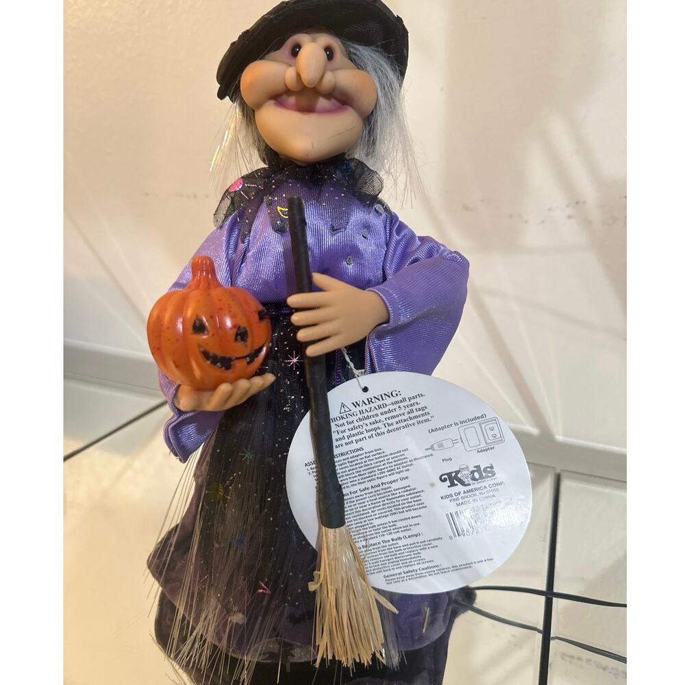Fiber Optic Holloween Witch holding pumpkin & broom Lights changes color NWT